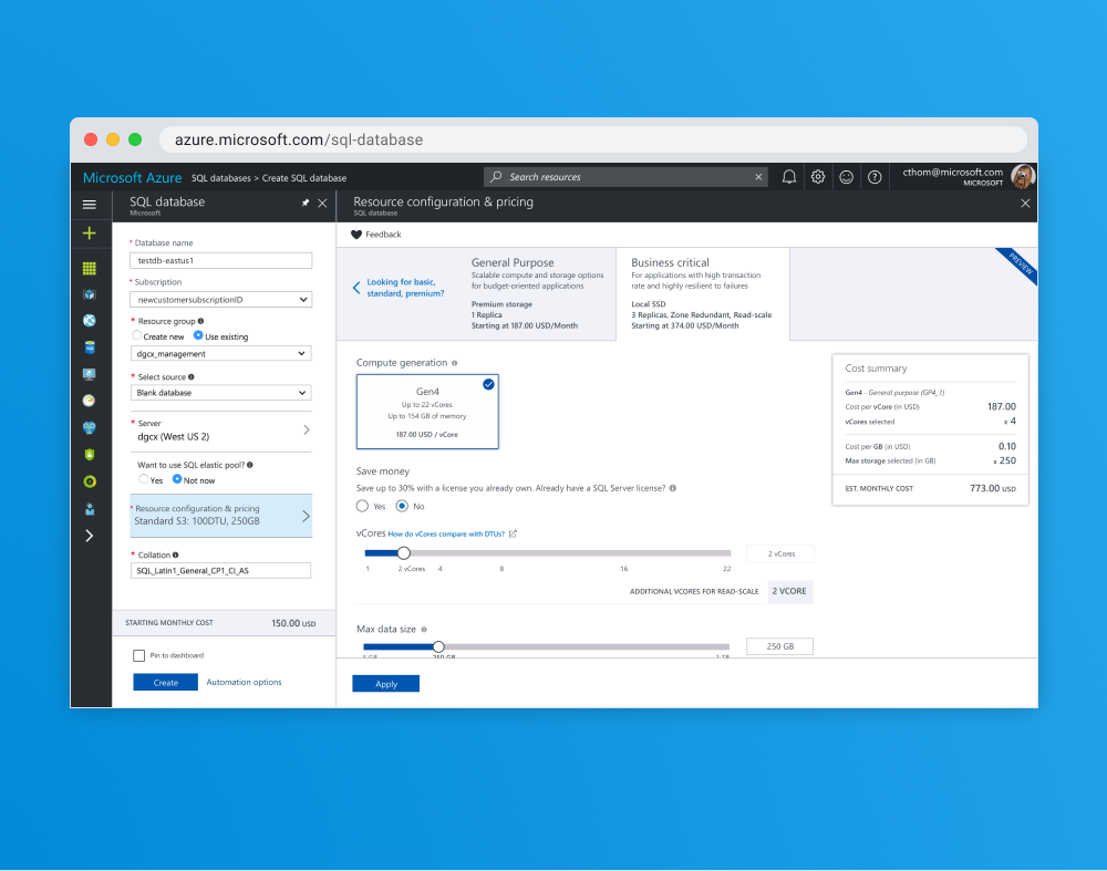 Azure SQL vCore pricing model